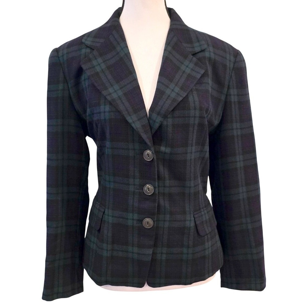 Vintage 1990s Linda Allard Ellen Tracy Black Watch Plaid Knit Wool Blazer SZ 10